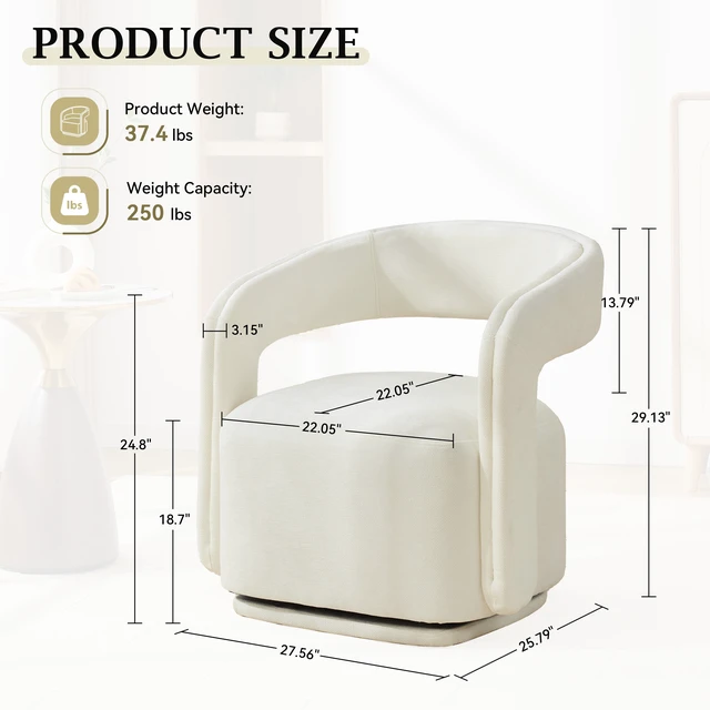 Alt view image 2 of 7 - 065-Chenille Fabric Swivel Accent Armchair, Comfy Barrel Leisure Chair With Curved Backrest, Upholstered Reading Chair With Black Swivel Base, 22-inch large seat depth and width, White