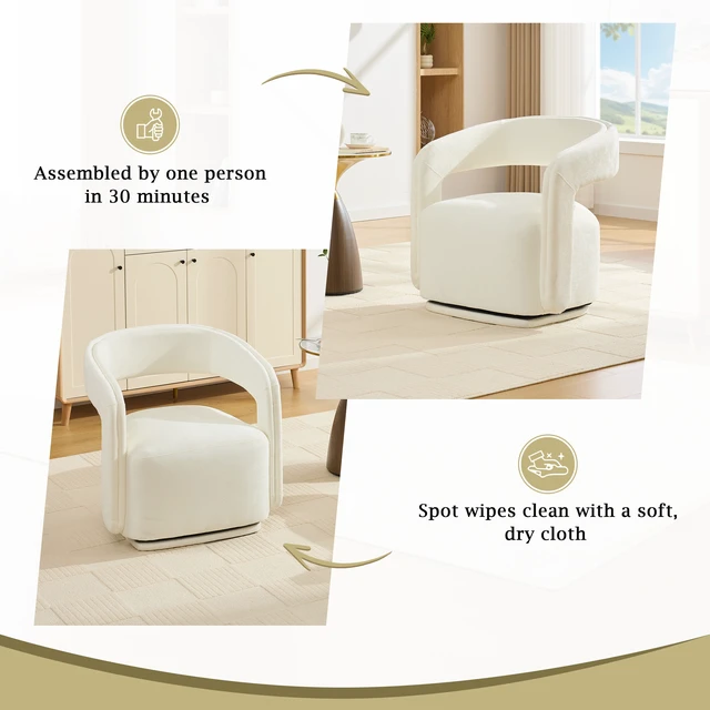 Alt view image 7 of 7 - 065-Chenille Fabric Swivel Accent Armchair, Comfy Barrel Leisure Chair With Curved Backrest, Upholstered Reading Chair With Black Swivel Base, 22-inch large seat depth and width, White