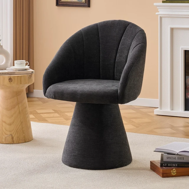 Main image of 068-Chenille Fabric Swivel Accent Armchair, Comfy Vanity Chair With Curved Backrest, Upholstered Dining Chair With High Cylindrical Base,Gray