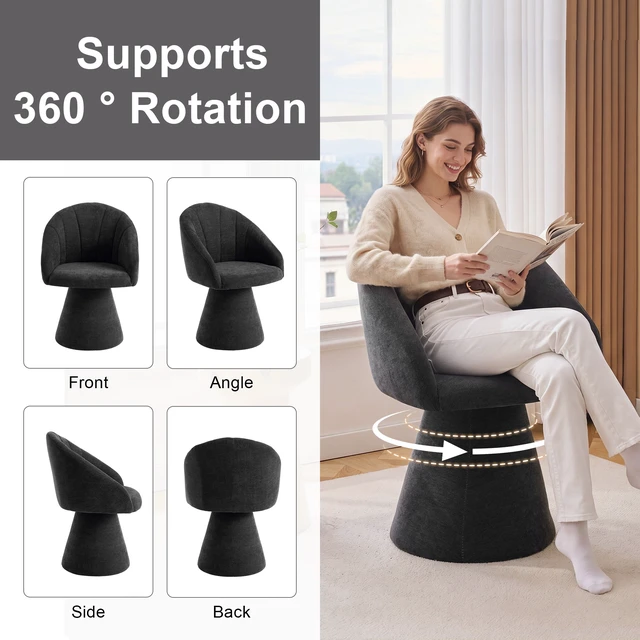 Alt view image 5 of 7 - 068-Chenille Fabric Swivel Accent Armchair, Comfy Vanity Chair With Curved Backrest, Upholstered Dining Chair With High Cylindrical Base,Gray