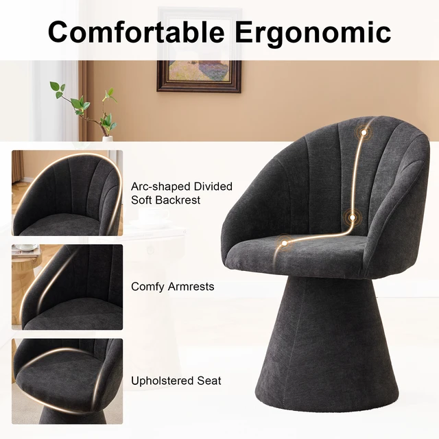 Alt view image 4 of 7 - 068-Chenille Fabric Swivel Accent Armchair, Comfy Vanity Chair With Curved Backrest, Upholstered Dining Chair With High Cylindrical Base,Gray