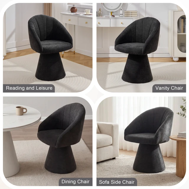 Alt view image 6 of 7 - 068-Chenille Fabric Swivel Accent Armchair, Comfy Vanity Chair With Curved Backrest, Upholstered Dining Chair With High Cylindrical Base,Gray