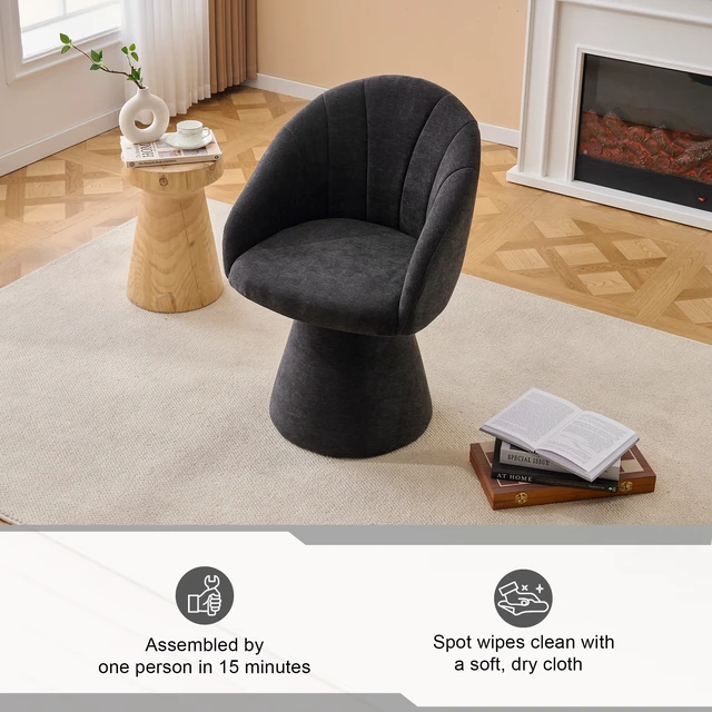 Alt view image 7 of 7 - 068-Chenille Fabric Swivel Accent Armchair, Comfy Vanity Chair With Curved Backrest, Upholstered Dining Chair With High Cylindrical Base,Gray