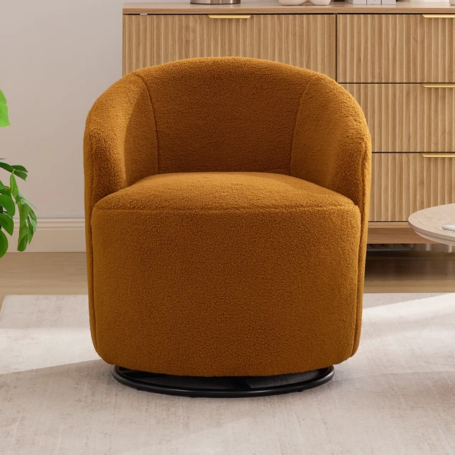 Alt view image 2 of 7 - 012C-Teddy Fabric Small Swivel Accent Chair, Comfy Barrel Leisure Armchair with Curved Backrest, Upholstered Reading Chair with Black Round Base, Caramel