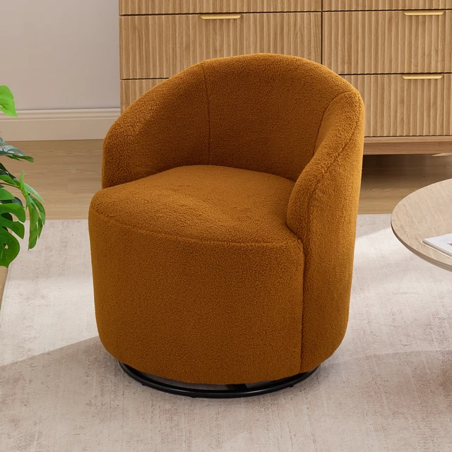 Alt view image 3 of 7 - 012C-Teddy Fabric Small Swivel Accent Chair, Comfy Barrel Leisure Armchair with Curved Backrest, Upholstered Reading Chair with Black Round Base, Caramel