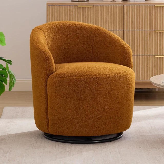 Main image of 012C-Teddy Fabric Small Swivel Accent Chair, Comfy Barrel Leisure Armchair with Curved Backrest, Upholstered Reading Chair with Black Round Base, Caramel