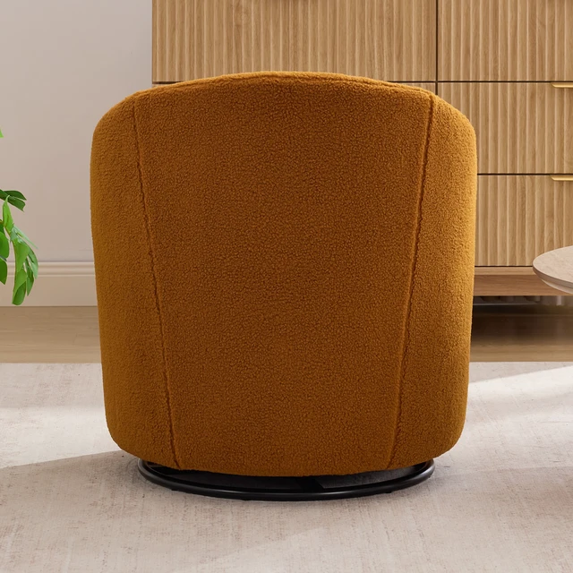 Alt view image 4 of 7 - 012C-Teddy Fabric Small Swivel Accent Chair, Comfy Barrel Leisure Armchair with Curved Backrest, Upholstered Reading Chair with Black Round Base, Caramel
