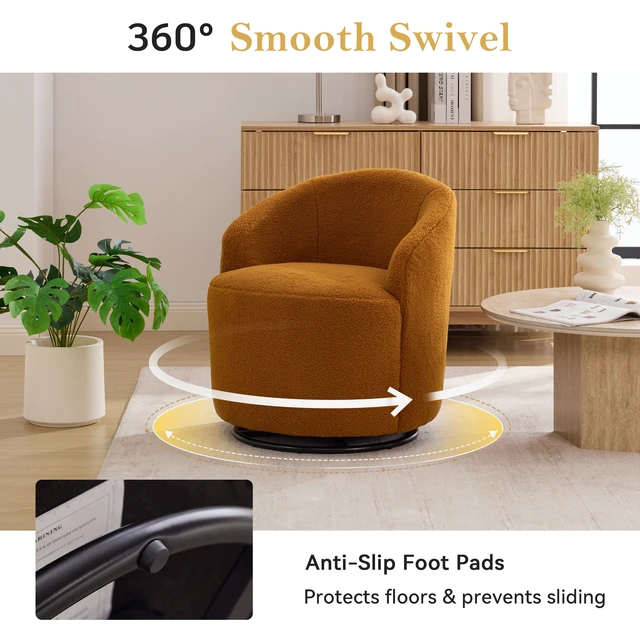 Alt view image 7 of 7 - 012C-Teddy Fabric Small Swivel Accent Chair, Comfy Barrel Leisure Armchair with Curved Backrest, Upholstered Reading Chair with Black Round Base, Caramel