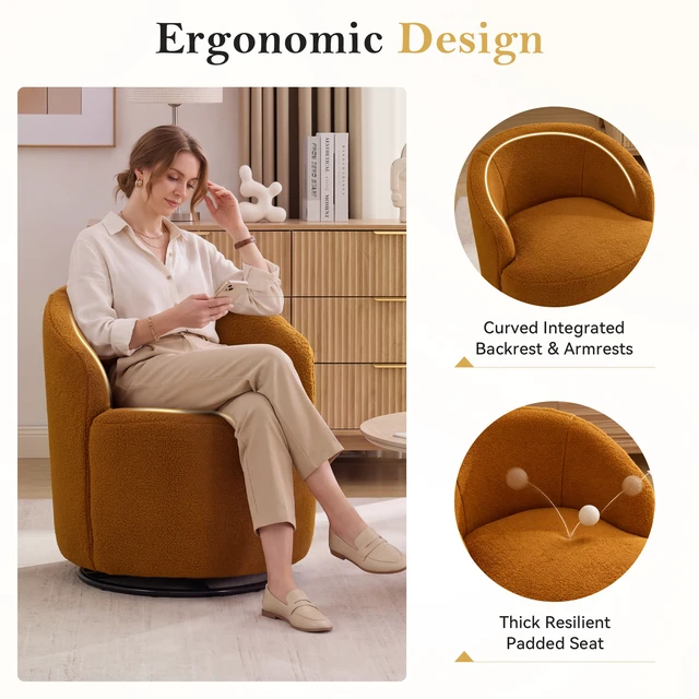 Alt view image 6 of 7 - 012C-Teddy Fabric Small Swivel Accent Chair, Comfy Barrel Leisure Armchair with Curved Backrest, Upholstered Reading Chair with Black Round Base, Caramel