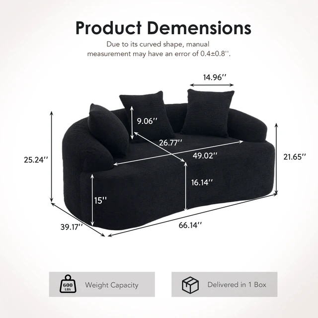 Alt view image 2 of 7 - Old Sku: W2231P329643 Curved Modern Boneless Sofa Loveseat, Chenille Fabric, 2-Seater Black Chenille, No Assembly, Small Sofa for Small Spaces & Apartments, Living Room, Office, 65" L, 300 Lbs