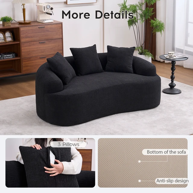 Alt view image 5 of 7 - Old Sku: W2231P329643 Curved Modern Boneless Sofa Loveseat, Chenille Fabric, 2-Seater Black Chenille, No Assembly, Small Sofa for Small Spaces & Apartments, Living Room, Office, 65" L, 300 Lbs