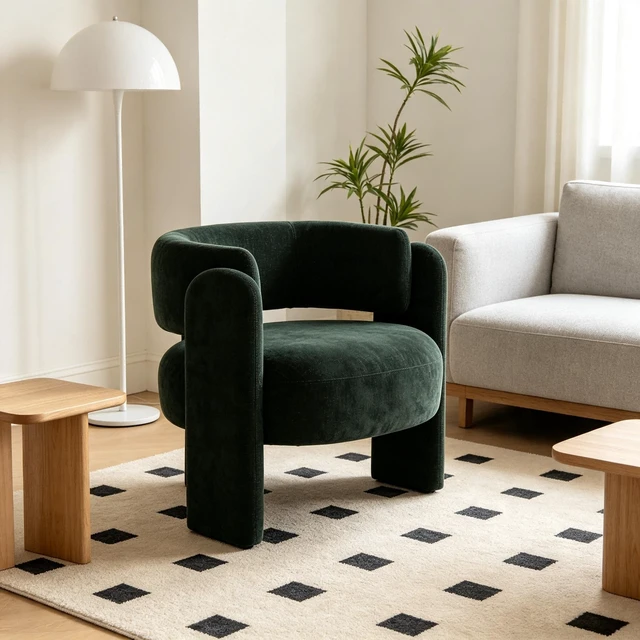 Main image of Modern Hollow Back Accent Chair, Green Textured Fabric Curved Barrel Armchair, Block Leg Upholstered Single Lounge Chair, Unique Sculptural Side Chair for Living Room Bedroom Office