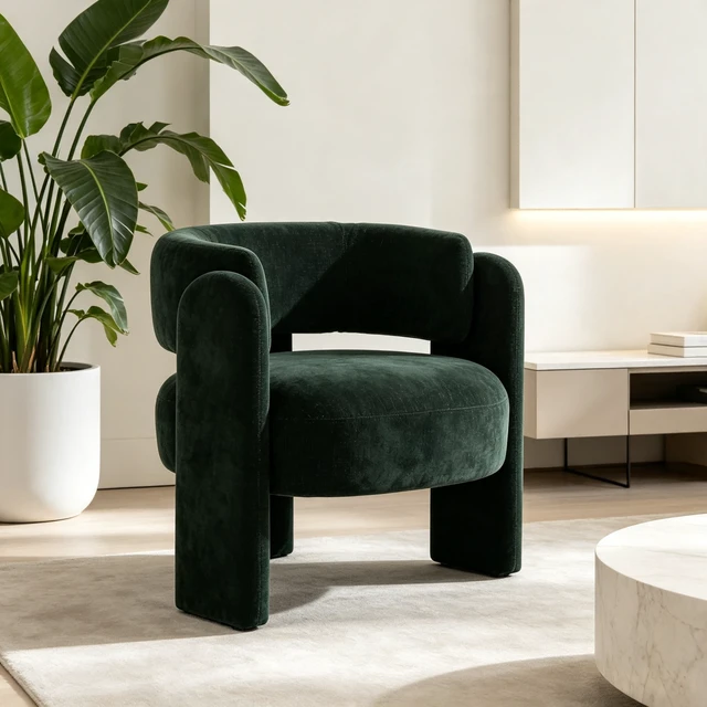 Alt view image 2 of 7 - Modern Hollow Back Accent Chair, Green Textured Fabric Curved Barrel Armchair, Block Leg Upholstered Single Lounge Chair, Unique Sculptural Side Chair for Living Room Bedroom Office