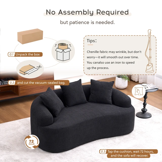Alt view image 6 of 7 - Old Sku: W2231P329643 Curved Modern Boneless Sofa Loveseat, Chenille Fabric, 2-Seater Black Chenille, No Assembly, Small Sofa for Small Spaces & Apartments, Living Room, Office, 65" L, 300 Lbs