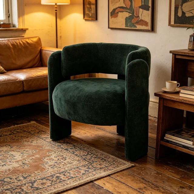 Alt view image 3 of 7 - Modern Hollow Back Accent Chair, Green Textured Fabric Curved Barrel Armchair, Block Leg Upholstered Single Lounge Chair, Unique Sculptural Side Chair for Living Room Bedroom Office