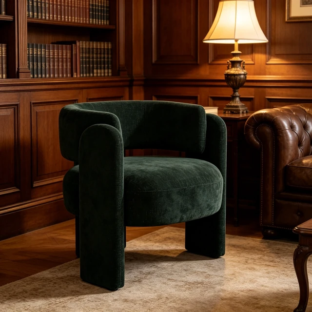 Alt view image 4 of 7 - Modern Hollow Back Accent Chair, Green Textured Fabric Curved Barrel Armchair, Block Leg Upholstered Single Lounge Chair, Unique Sculptural Side Chair for Living Room Bedroom Office