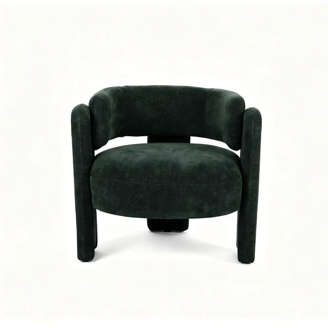 Alt view image 5 of 7 - Modern Hollow Back Accent Chair, Green Textured Fabric Curved Barrel Armchair, Block Leg Upholstered Single Lounge Chair, Unique Sculptural Side Chair for Living Room Bedroom Office