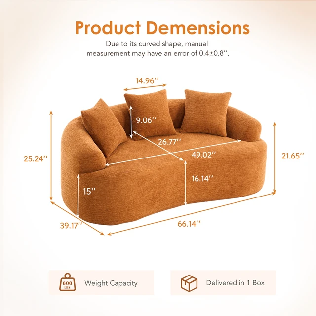 Alt view image 2 of 7 - Old Sku: W2231P261292 LY-025S Curved Loveseat Orange Full Compression Sponge Sofa, 30D Chenille No-Assembly Compact Sofa for Small Spaces & Apartments, 65"L, 300 lbs, 3 Pillows