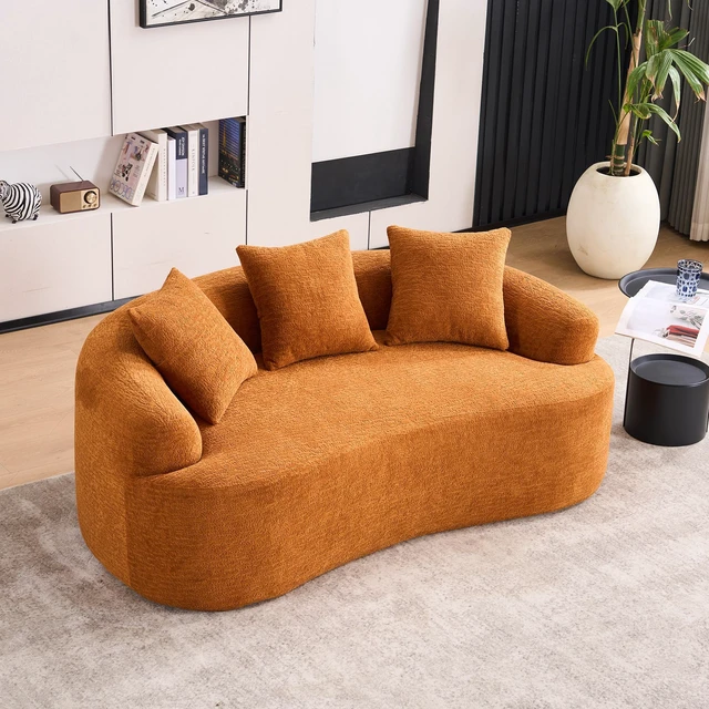 Main image of Old Sku: W2231P261292 LY-025S Curved Loveseat Orange Full Compression Sponge Sofa, 30D Chenille No-Assembly Compact Sofa for Small Spaces & Apartments, 65"L, 300 lbs, 3 Pillows