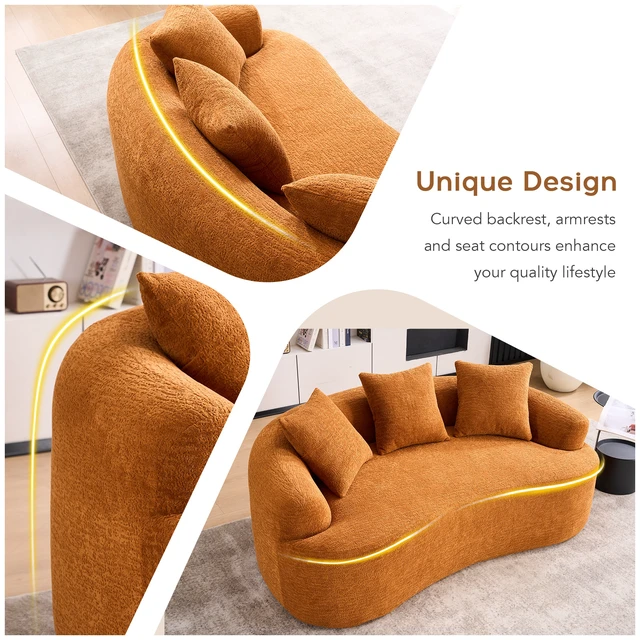 Alt view image 3 of 7 - Old Sku: W2231P261292 LY-025S Curved Loveseat Orange Full Compression Sponge Sofa, 30D Chenille No-Assembly Compact Sofa for Small Spaces & Apartments, 65"L, 300 lbs, 3 Pillows