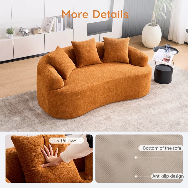Alt view image 5 of 7 - Old Sku: W2231P261292 LY-025S Curved Loveseat Orange Full Compression Sponge Sofa, 30D Chenille No-Assembly Compact Sofa for Small Spaces & Apartments, 65"L, 300 lbs, 3 Pillows