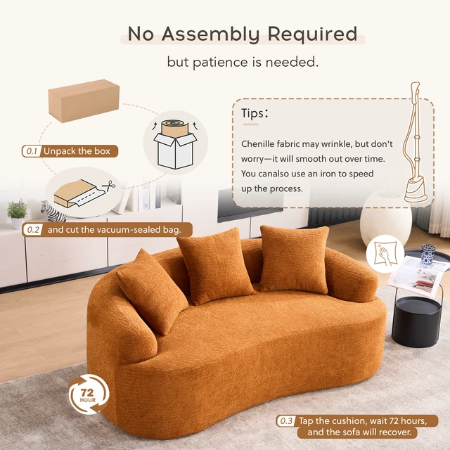Alt view image 6 of 7 - Old Sku: W2231P261292 LY-025S Curved Loveseat Orange Full Compression Sponge Sofa, 30D Chenille No-Assembly Compact Sofa for Small Spaces & Apartments, 65"L, 300 lbs, 3 Pillows
