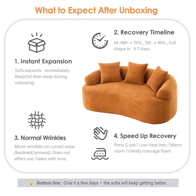 Alt view image 7 of 7 - Old Sku: W2231P261292 LY-025S Curved Loveseat Orange Full Compression Sponge Sofa, 30D Chenille No-Assembly Compact Sofa for Small Spaces & Apartments, 65"L, 300 lbs, 3 Pillows