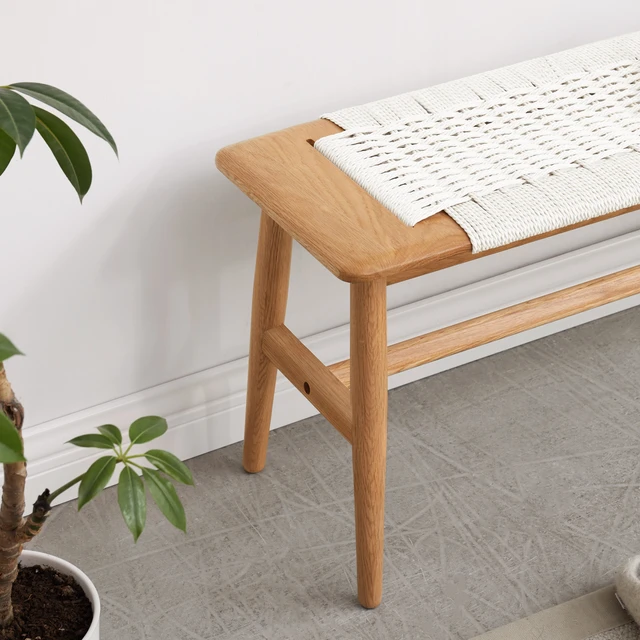 Alt view image 2 of 6 - Design Natural Oak Wood Dining Bench Bed Bench for Dining Room, Bedroom, Bathroom (White)