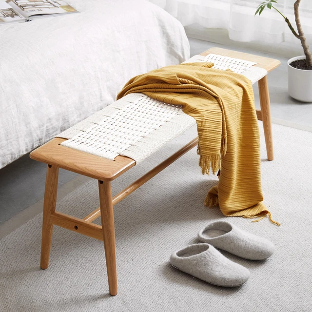 Main image of Design Natural Oak Wood Dining Bench Bed Bench for Dining Room, Bedroom, Bathroom (White)