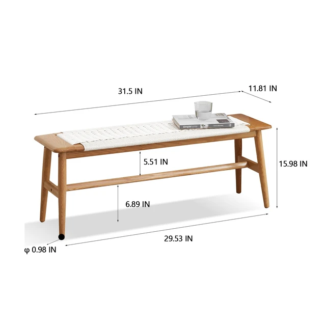 Alt view image 6 of 6 - Design Natural Oak Wood Dining Bench Bed Bench for Dining Room, Bedroom, Bathroom (White)