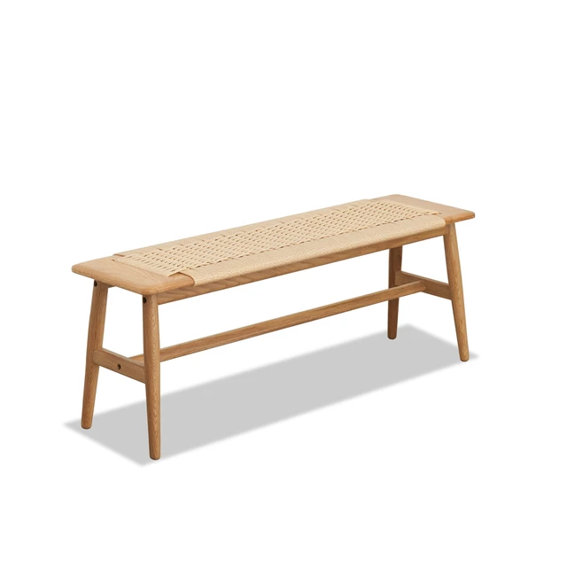 Alt view image 5 of 7 - Woven Design Natural Oak Wood Dining Bench Bed Bench for Dining Room, Bedroom, Bathroom