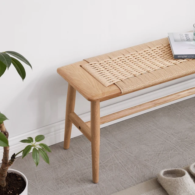 Alt view image 3 of 7 - Woven Design Natural Oak Wood Dining Bench Bed Bench for Dining Room, Bedroom, Bathroom