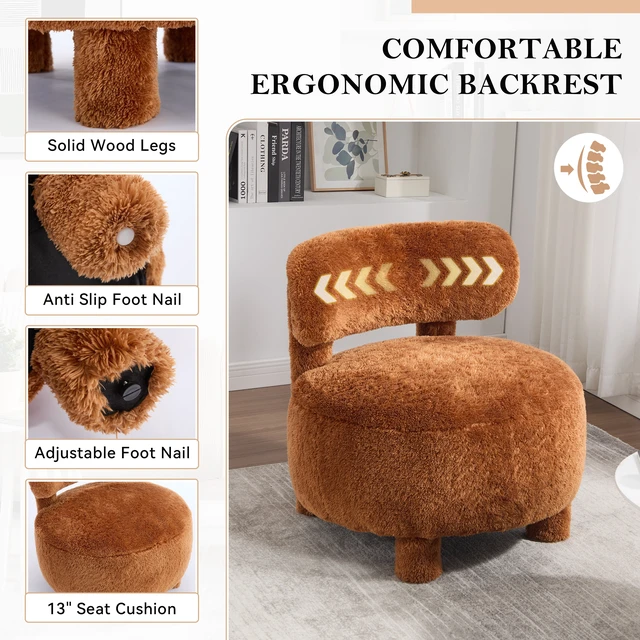 Alt view image 4 of 7 - 063-Fur Fabric armless accent chair with curved backrest and solid wooden legs upholstered chair slipper side chair for primary living space bedroom vanity room or reading room ,Khaki
