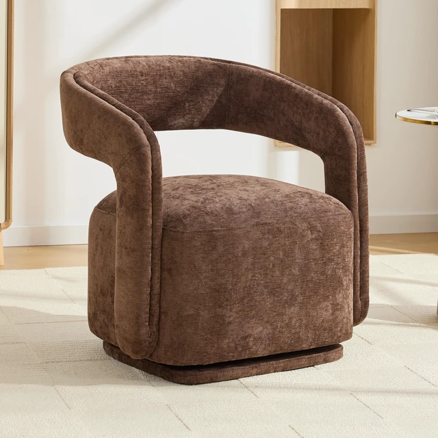Main image of 065-Chenille Fabric Swivel Accent Armchair, Comfy Barrel Leisure Chair With Curved Backrest, Upholstered Reading Chair With Black Swivel Base, 22-inch large seat depth and width, Brown