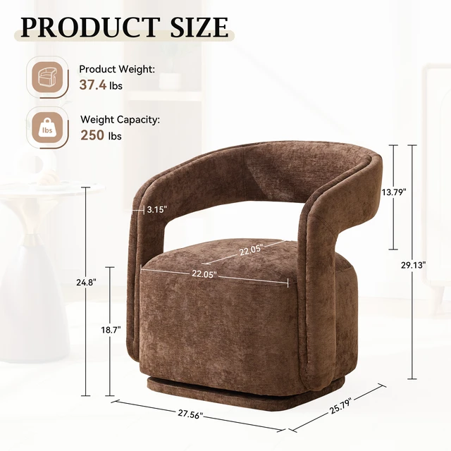 Alt view image 2 of 7 - 065-Chenille Fabric Swivel Accent Armchair, Comfy Barrel Leisure Chair With Curved Backrest, Upholstered Reading Chair With Black Swivel Base, 22-inch large seat depth and width, Brown