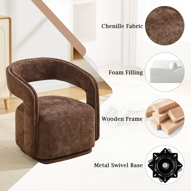 Alt view image 3 of 7 - 065-Chenille Fabric Swivel Accent Armchair, Comfy Barrel Leisure Chair With Curved Backrest, Upholstered Reading Chair With Black Swivel Base, 22-inch large seat depth and width, Brown