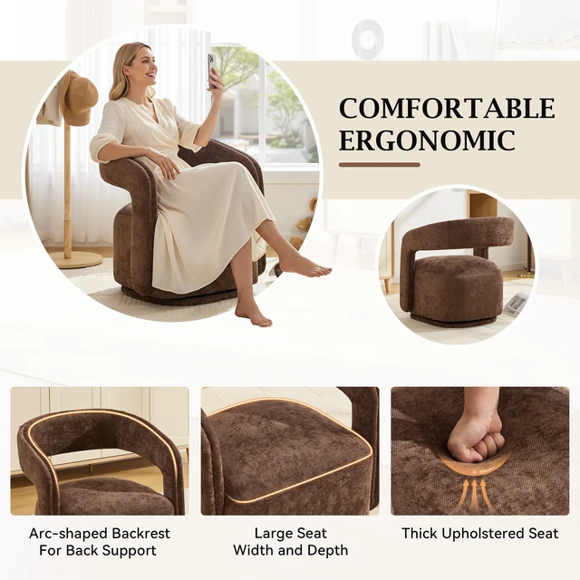 Alt view image 4 of 7 - 065-Chenille Fabric Swivel Accent Armchair, Comfy Barrel Leisure Chair With Curved Backrest, Upholstered Reading Chair With Black Swivel Base, 22-inch large seat depth and width, Brown