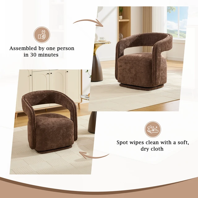 Alt view image 6 of 7 - 065-Chenille Fabric Swivel Accent Armchair, Comfy Barrel Leisure Chair With Curved Backrest, Upholstered Reading Chair With Black Swivel Base, 22-inch large seat depth and width, Brown