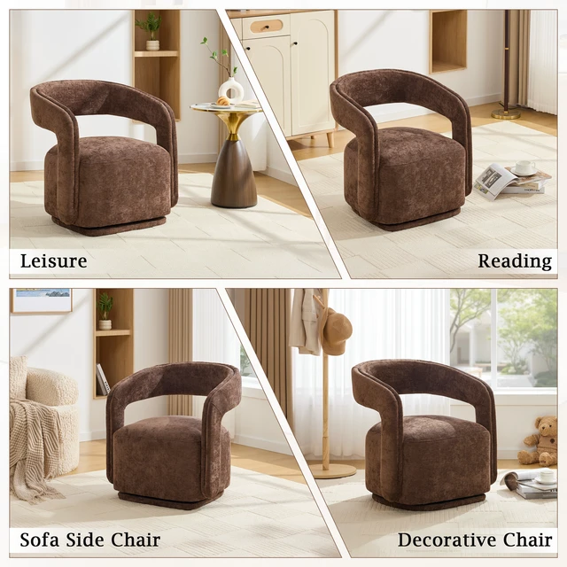 Alt view image 7 of 7 - 065-Chenille Fabric Swivel Accent Armchair, Comfy Barrel Leisure Chair With Curved Backrest, Upholstered Reading Chair With Black Swivel Base, 22-inch large seat depth and width, Brown