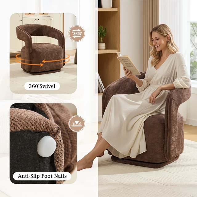 Alt view image 5 of 7 - 065-Chenille Fabric Swivel Accent Armchair, Comfy Barrel Leisure Chair With Curved Backrest, Upholstered Reading Chair With Black Swivel Base, 22-inch large seat depth and width, Brown