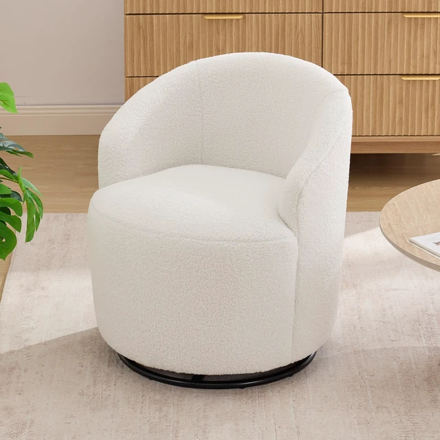 Alt view image 3 of 7 - 012C-Teddy Fabric Small Swivel Accent Chair, Comfy Barrel Leisure Armchair with Curved Backrest, Upholstered Reading Chair with Black Round Base, Ivory