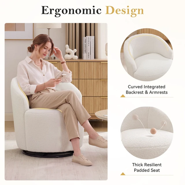 Alt view image 6 of 7 - 012C-Teddy Fabric Small Swivel Accent Chair, Comfy Barrel Leisure Armchair with Curved Backrest, Upholstered Reading Chair with Black Round Base, Ivory