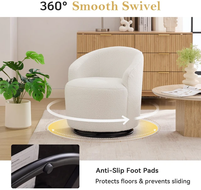 Alt view image 7 of 7 - 012C-Teddy Fabric Small Swivel Accent Chair, Comfy Barrel Leisure Armchair with Curved Backrest, Upholstered Reading Chair with Black Round Base, Ivory