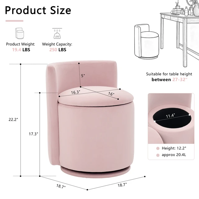 Alt view image 2 of 7 - 075-Velvet Fabric Swivel Accent Chair, Comfy Barrel Vanity Chair With Curved Backrest, Upholstered Storage Chair For Primary Living Room, Pink
