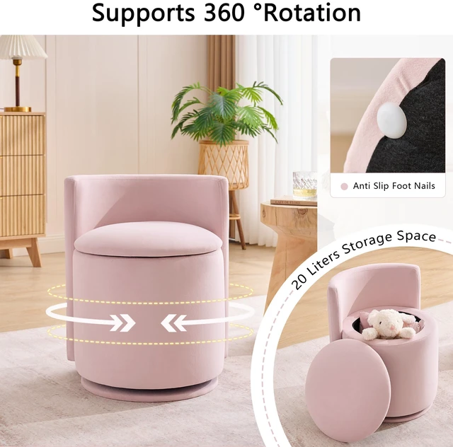 Alt view image 5 of 7 - 075-Velvet Fabric Swivel Accent Chair, Comfy Barrel Vanity Chair With Curved Backrest, Upholstered Storage Chair For Primary Living Room, Pink