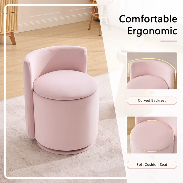 Alt view image 4 of 7 - 075-Velvet Fabric Swivel Accent Chair, Comfy Barrel Vanity Chair With Curved Backrest, Upholstered Storage Chair For Primary Living Room, Pink