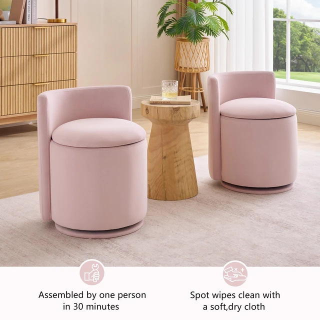 Alt view image 7 of 7 - 075-Velvet Fabric Swivel Accent Chair, Comfy Barrel Vanity Chair With Curved Backrest, Upholstered Storage Chair For Primary Living Room, Pink