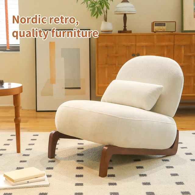 Alt view image 2 of 7 - Cute Accent Chair with Solid Wood Legs, Living Room Chair with Soft Fabric Cushion, Cozy Bedroom Chair, Comfy Armless Reading Chair for Apartment, Waiting Room, Balcony (White)