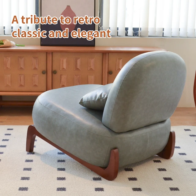 Alt view image 2 of 7 - Cute Accent Chair with Solid Wood Legs, Faux Leather Living Room Chair with Soft Cushion, Cozy Bedroom Chair, Comfy Armless Reading Chair for Apartment, Waiting Room, Balcony (Blue)