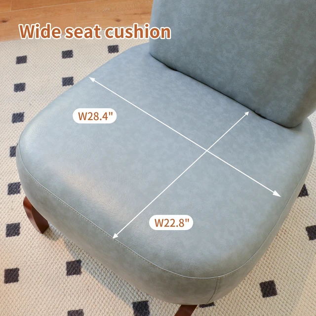 Alt view image 3 of 7 - Cute Accent Chair with Solid Wood Legs, Faux Leather Living Room Chair with Soft Cushion, Cozy Bedroom Chair, Comfy Armless Reading Chair for Apartment, Waiting Room, Balcony (Blue)